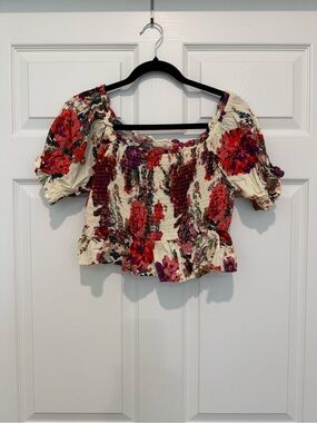 ANDREE BY UNIT Cream Crop Top with Red & Purple Floral Print